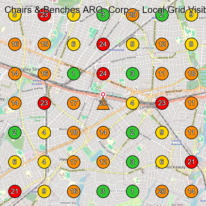 Chairs & Benches ARO, Corp. Barber Supply Store GeoGrid ranking map for Valley Stream NY